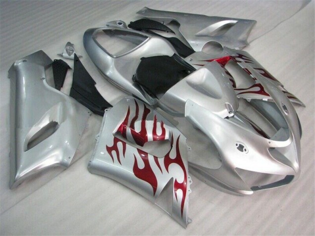 Carenagem Kawasaki ZX6R 2005-2006 - Prata Vermelho Chamas Carenagem Kawasaki ZX6R 2005-2006 - Prata Vermelho Chamas