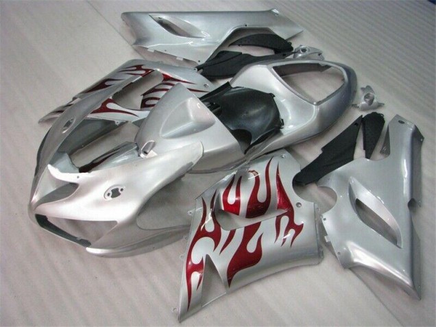 Carenagem Kawasaki ZX6R 2005-2006 - Prata Vermelho Chamas Carenagem Kawasaki ZX6R 2005-2006 - Prata Vermelho Chamas