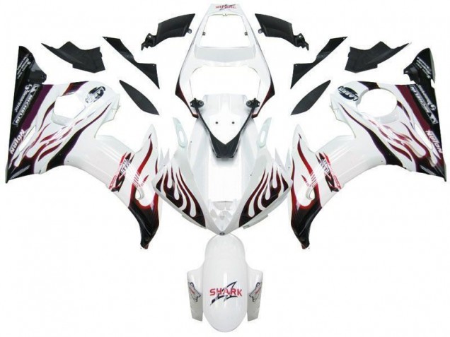 Carenagem Yamaha R6 2003-2005 - Branco Preto Vermelho Chama Carenagem Yamaha R6 2003-2005 - Branco Preto Vermelho Chama