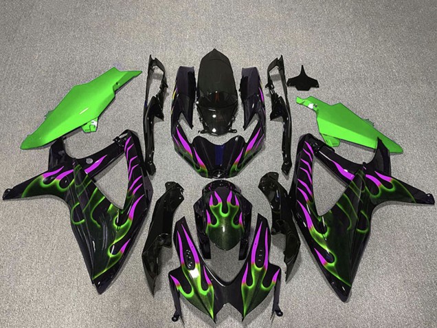 Carenagens Moto Suzuki GSXR 600 / GSXR 750 2008-2010 - Preto Brilhante Verde Roxo Chama