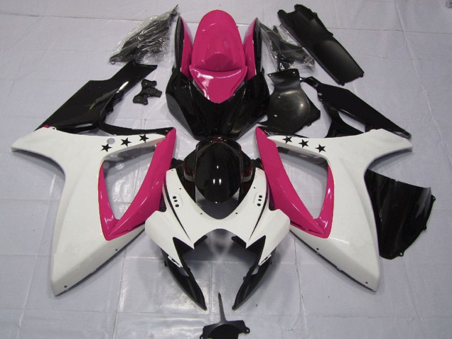 Carenagens Moto Suzuki GSXR 600 / GSXR 750 2006-2007 - Rosa Branco Preto Brilhante Estrela