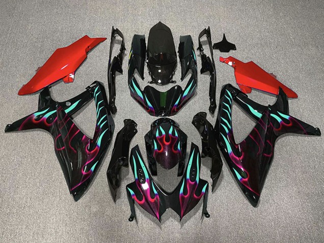 Carenagens Moto Suzuki GSXR 600 / GSXR 750 2008-2010 - Preto Brilhante Vermelho Ciano Chama