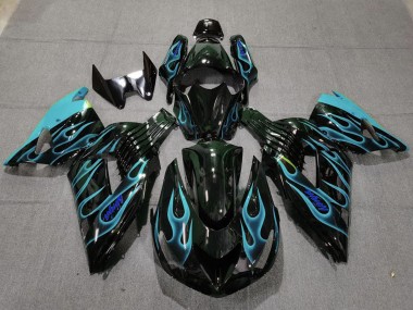 Carenagens Moto Kawasaki ZX14R 2006-2011 - Preto Brilhante Azul Claro Chama