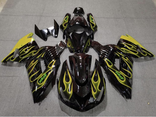 Carenagens Moto Kawasaki ZX14R 2006-2011 - Preto Brilhante Amarelo Chama
