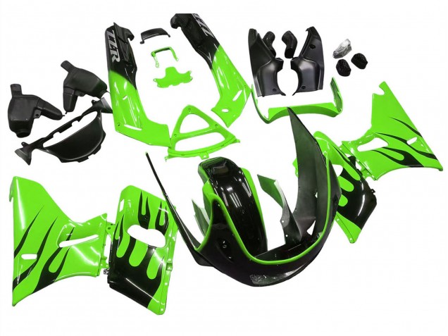 Carenagens Moto Kawasaki ZZR600 1998-2003 - Verde Preto Brilhante Chama