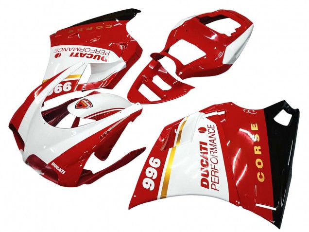 Carenagens Moto Ducati 996 1993-2005 - Branco Vermelho Ouro Preto Brilhante Corse Performance