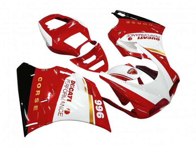 Carenagens Moto Ducati 996 1993-2005 - Branco Vermelho Ouro Preto Brilhante Corse Performance