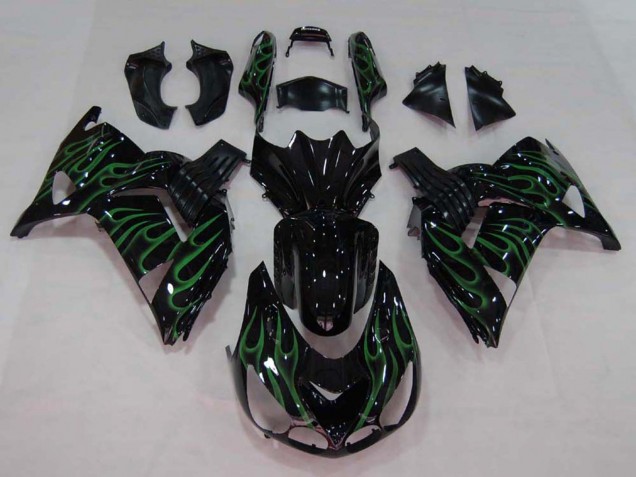 Carenagem Moto Kawasaki ZX14R ZZR1400 2006-2011 - Preto Brilhante Verde Chama