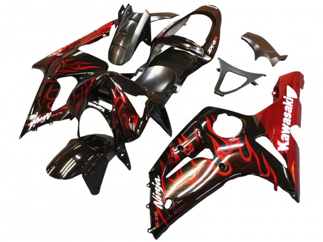 Carenagens Moto Kawasaki ZX6R 2003-2004 - Preto Brilhante Vermelho Chama