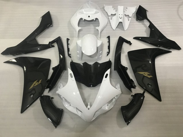 Carenagens Moto Yamaha YZF 1000 R1 2007-2008 - Branco Falso Fibra de Carbono Ouro Decal
