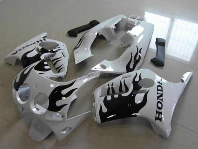 Carenagens Moto Honda CBR250RR MC19 1988-1989 - Branco Preto Brilhante Chama