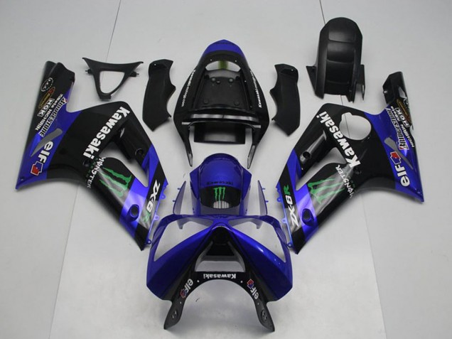 Carenagens Moto Kawasaki ZX6R 2003-2004 - Preto Brilhante Azul Verde Monstro