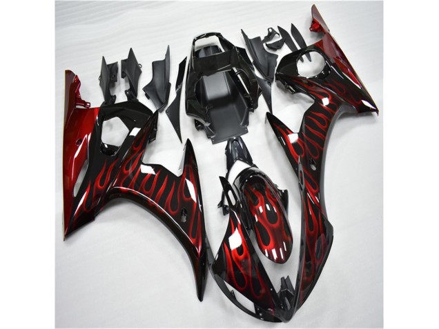 Plástico Yamaha R6 2003-2005 - Preto Vermelho Chama Plástico Yamaha R6 2003-2005 - Preto Vermelho Chama